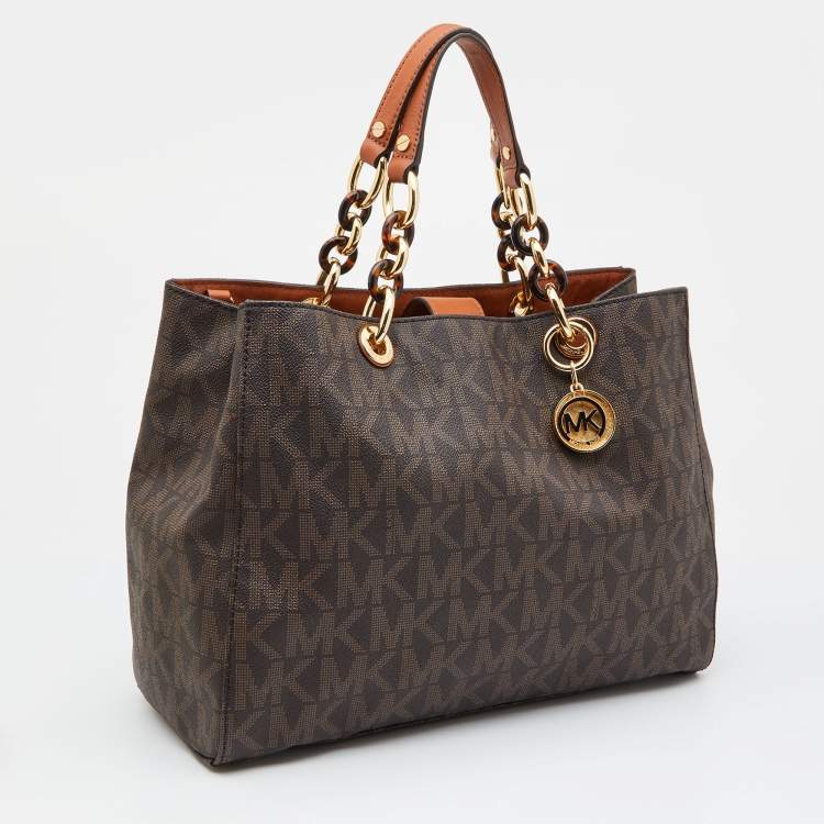 Pre Owned MICHAEL Michael Kors Brown/Tan Signature Coated Canvas and Leather Cynthia Tote