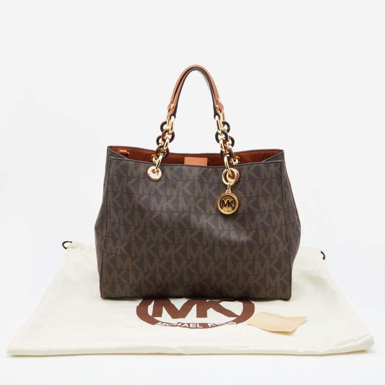 Pre Owned MICHAEL Michael Kors Brown/Tan Signature Coated Canvas and Leather Cynthia Tote