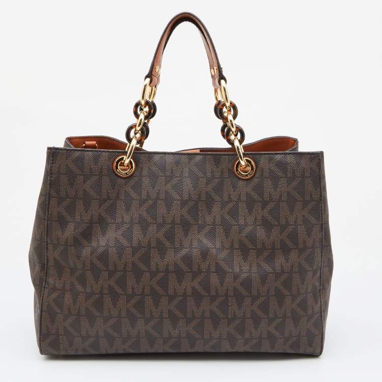 Pre Owned MICHAEL Michael Kors Brown/Tan Signature Coated Canvas and Leather Cynthia Tote