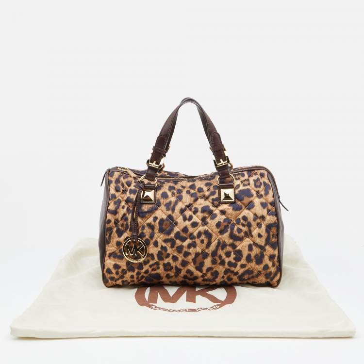مملوكة مسبقًا MICHAEL Michael Kors Brown Leopard Print Satin and Leather Boston Bag