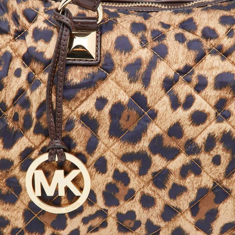 مملوكة مسبقًا MICHAEL Michael Kors Brown Leopard Print Satin and Leather Boston Bag