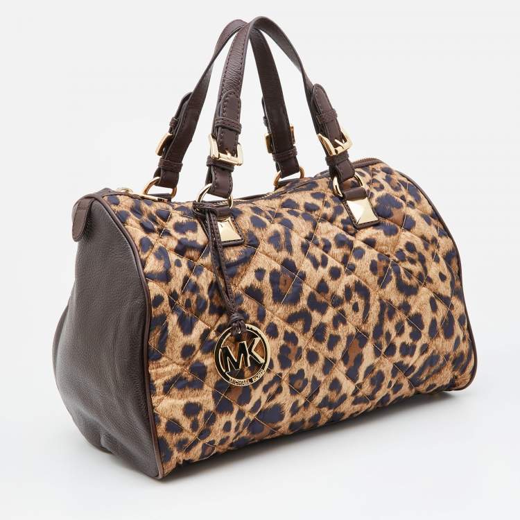 مملوكة مسبقًا MICHAEL Michael Kors Brown Leopard Print Satin and Leather Boston Bag