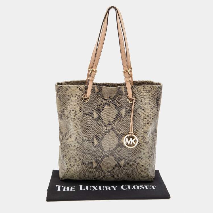 Pre Owned Michael Michael Kors Beige/Grey Python Effect Leather North South Tote