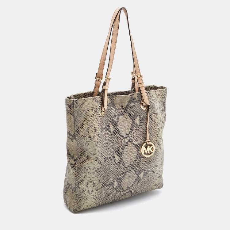Pre Owned Michael Michael Kors Beige/Grey Python Effect Leather North South Tote