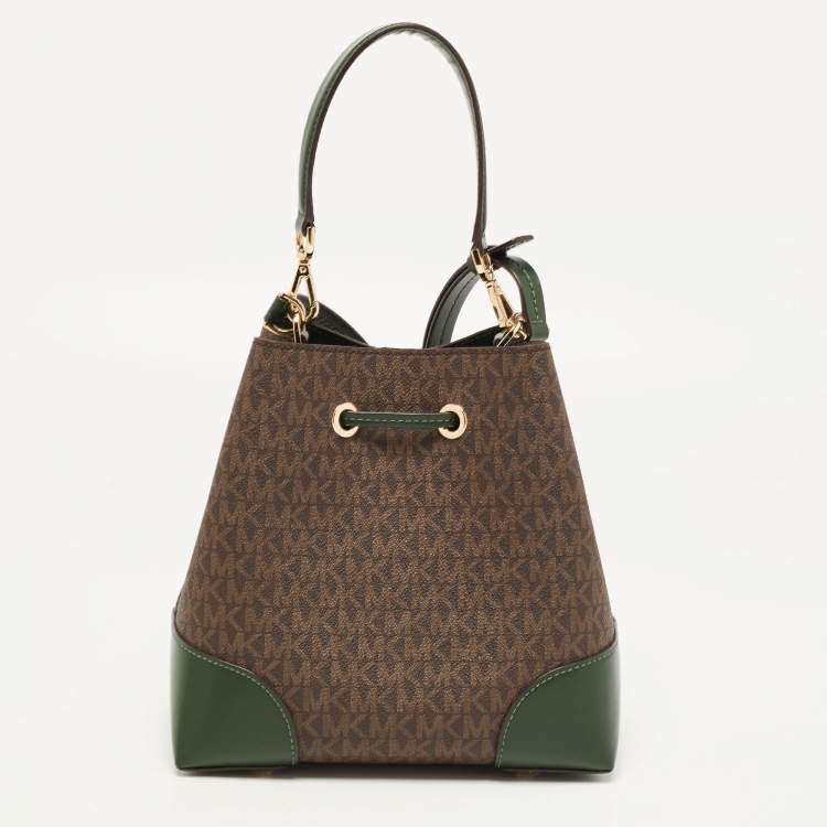 Pre Owned MICHAEL Michael Kors Green/Brown Signature Coated Canvas and Leather Mercer Drawstring Bucket Bag 
