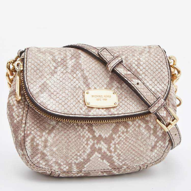 Pre Owned MICHAEL Michael Kors Beige Python Embossed Leather Bedford Crossbody Bag