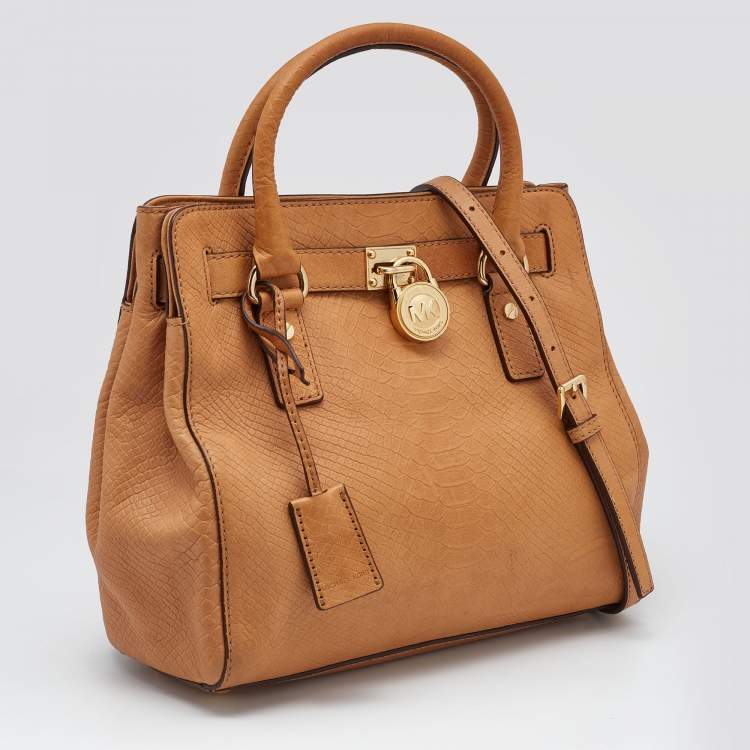 Pre Owned MICHAEL Michael Kors Beige Python Embossed Leather Hamilton North South Tote