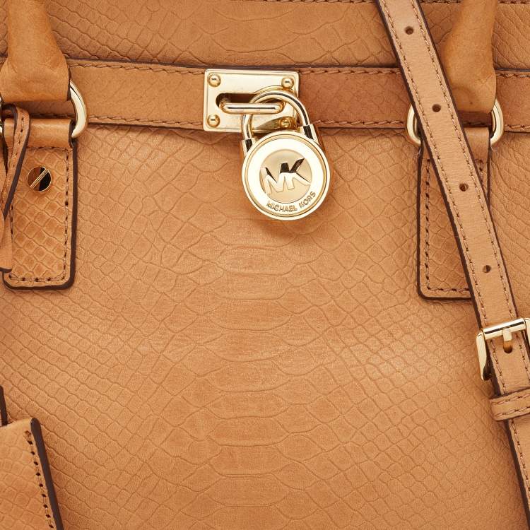 Pre Owned MICHAEL Michael Kors Beige Python Embossed Leather Hamilton North South Tote