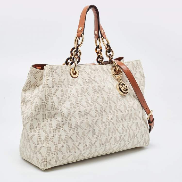 Pre Owned MICHAEL Michael Kors Off White Signature Coated Canvas Cynthia Tote