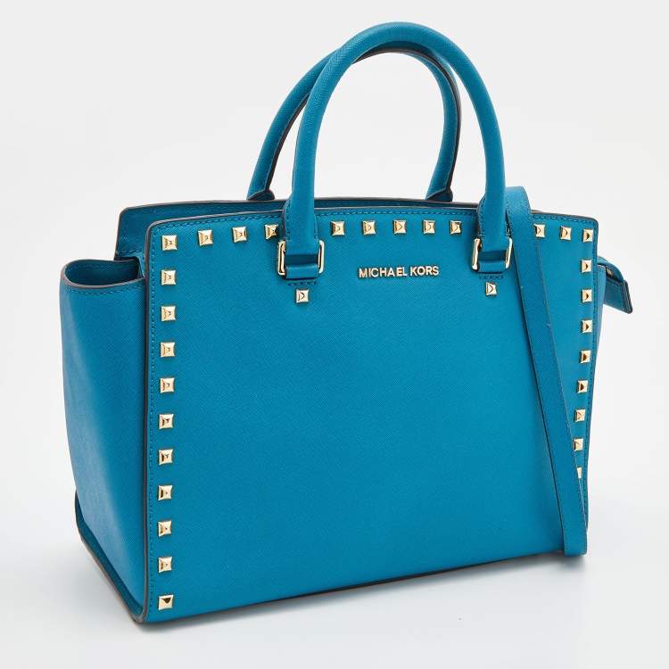 Pre Owned MICHAEL Michael Kors Blue Leather Studded Selma Satchel