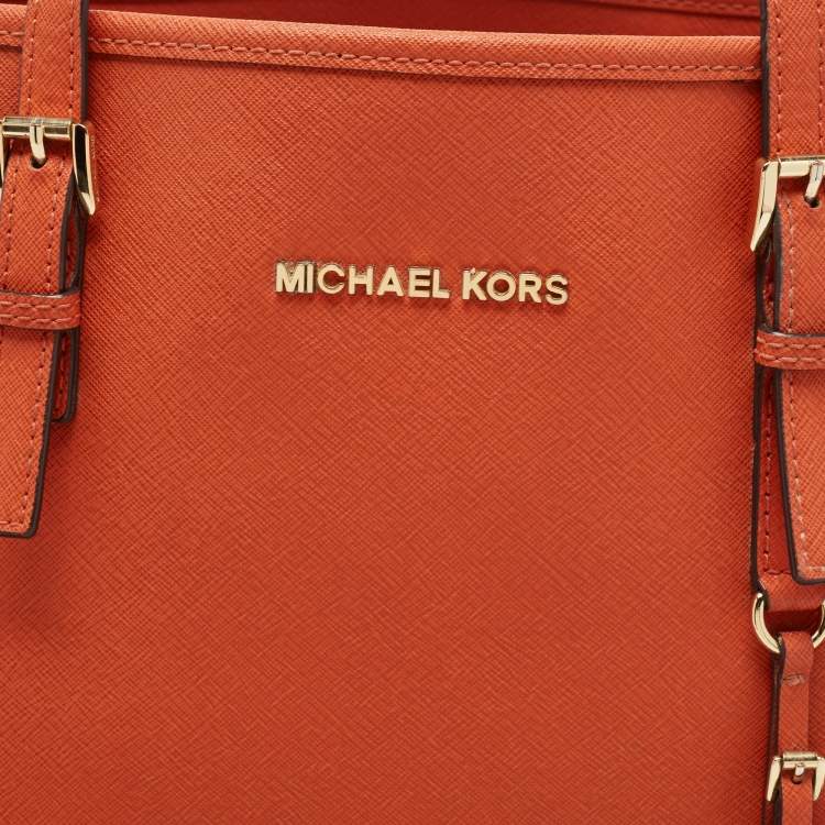 Pre Owned MICHAEL Michael Kors Orange Saffiao Leather Large Jet Set Travel Tote