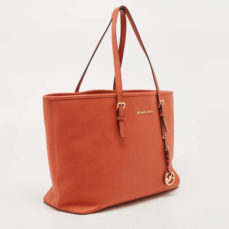 Pre Owned MICHAEL Michael Kors Orange Saffiao Leather Large Jet Set Travel Tote