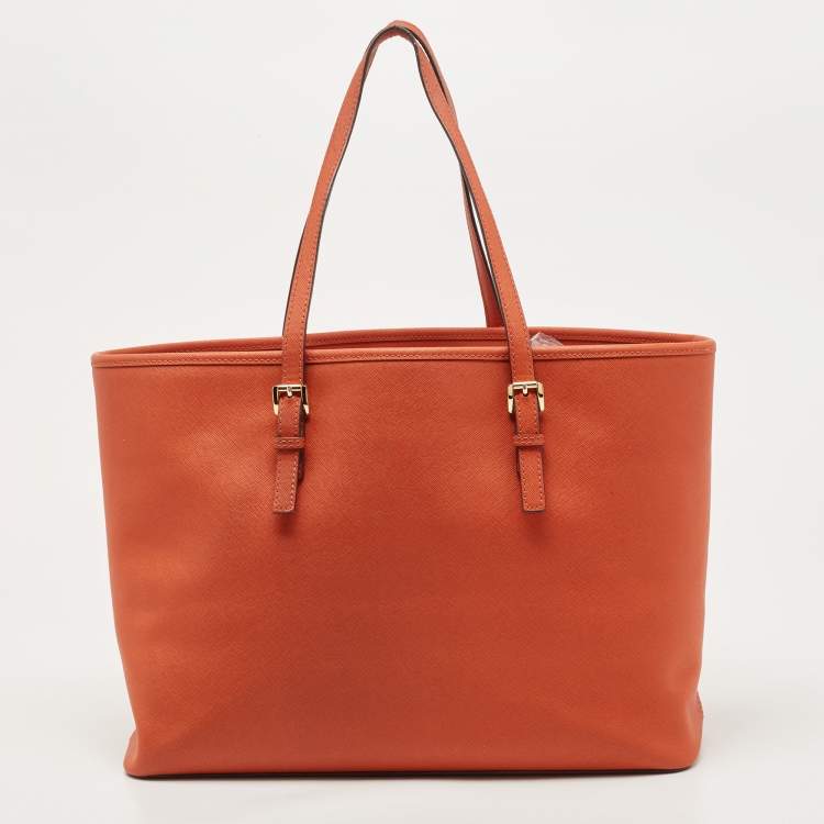 Pre Owned MICHAEL Michael Kors Orange Saffiao Leather Large Jet Set Travel Tote