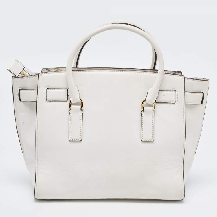 Pre Owned MICHAEL Michael Kors White Leather Hamilton East West Tote