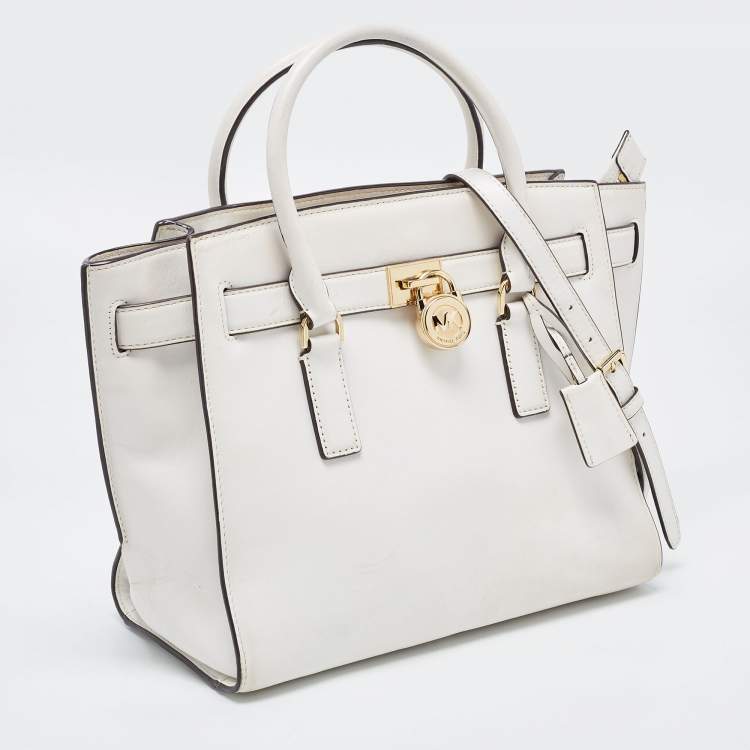 Pre Owned MICHAEL Michael Kors White Leather Hamilton East West Tote