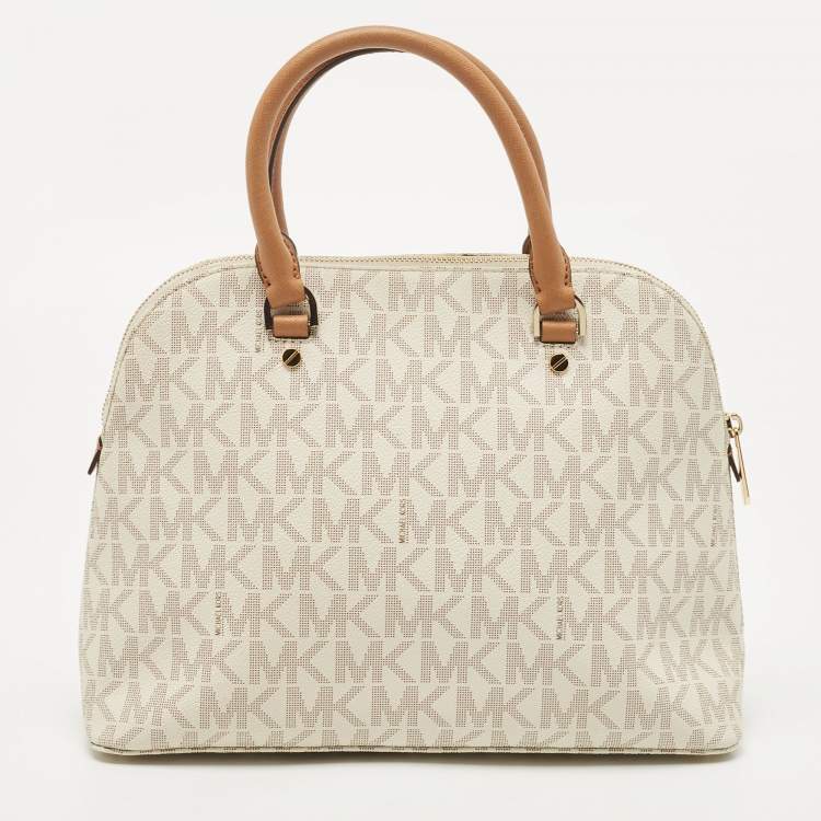 Pre Owned MICHAEL Michael Kors Off-White Signature Coated Canvas Cindy Dome Satchel