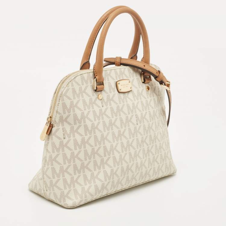 Pre Owned MICHAEL Michael Kors Off-White Signature Coated Canvas Cindy Dome Satchel