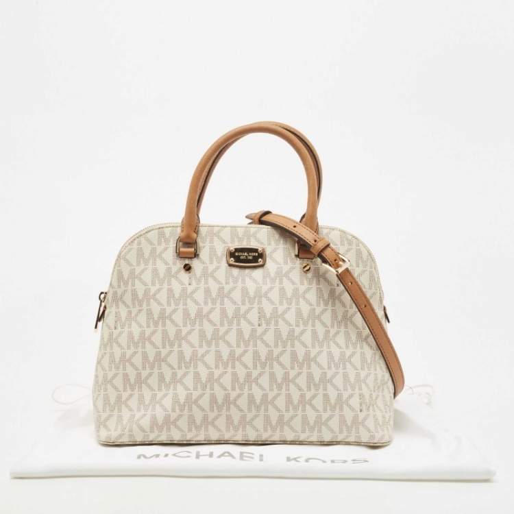 Pre Owned MICHAEL Michael Kors Off-White Signature Coated Canvas Cindy Dome Satchel