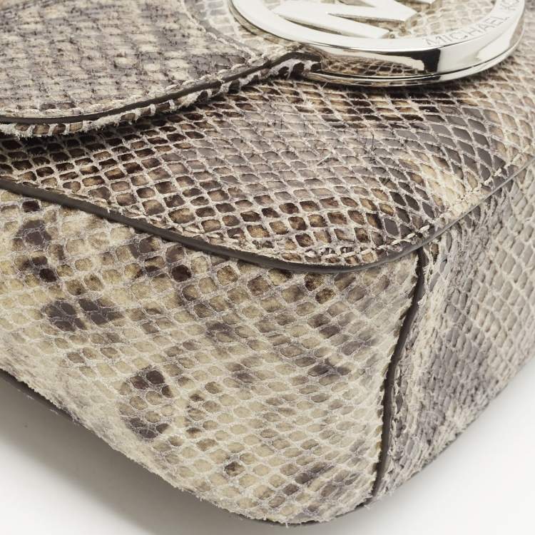 Pre Owned MICHAEL Michael Kors Black/Beige Python Embossed Leather Fulton Flap Crossbody Bag