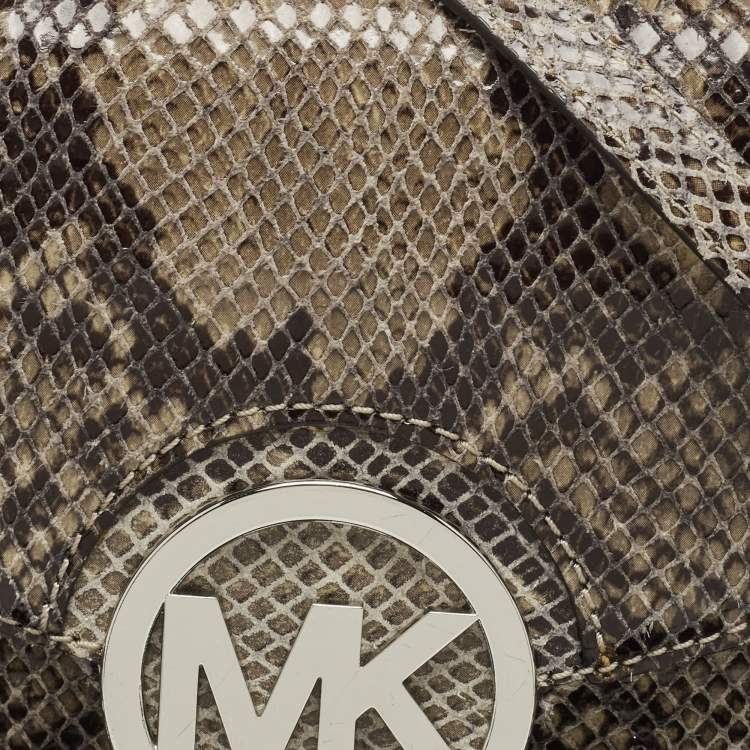 Pre Owned MICHAEL Michael Kors Black/Beige Python Embossed Leather Fulton Flap Crossbody Bag