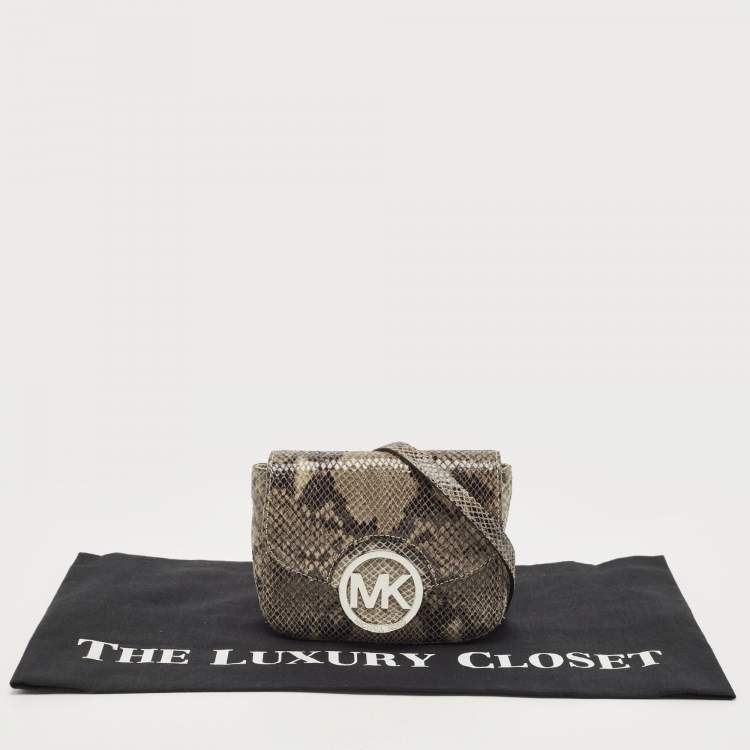 Pre Owned MICHAEL Michael Kors Black/Beige Python Embossed Leather Fulton Flap Crossbody Bag