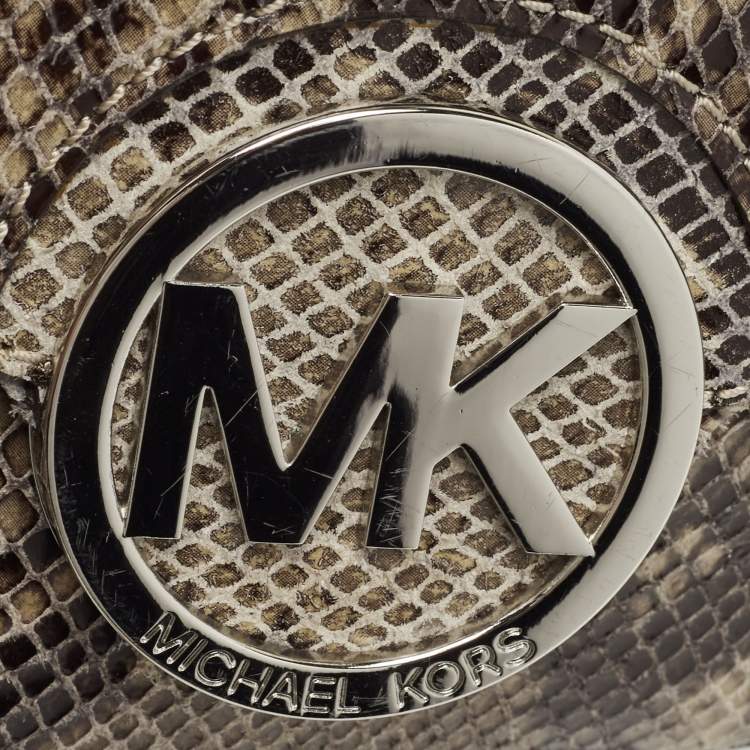 Pre Owned MICHAEL Michael Kors Black/Beige Python Embossed Leather Fulton Flap Crossbody Bag