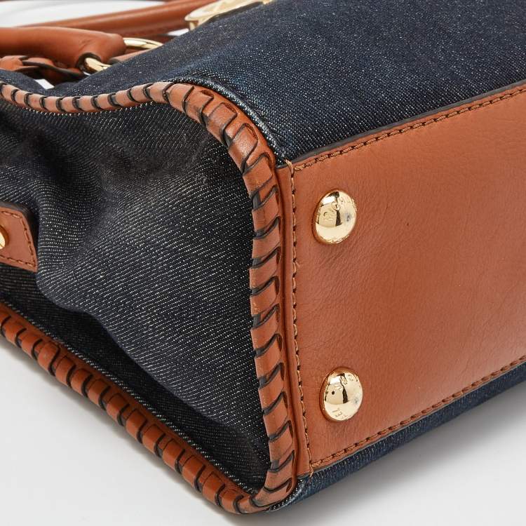 مملوكة مسبقًا MICHAEL Michael Kors Blue/Tan Whipped Stitched Denim and Leather Hamilton Tote