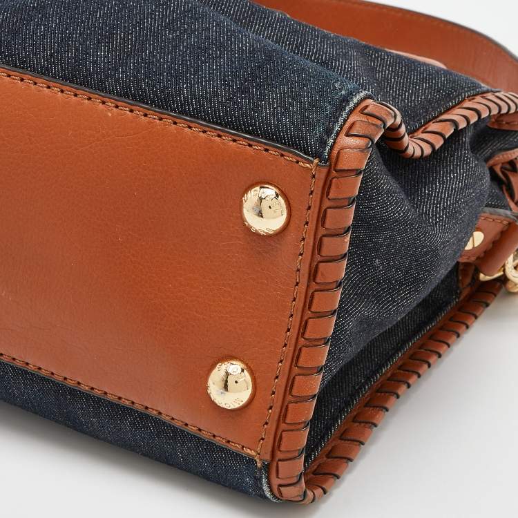 مملوكة مسبقًا MICHAEL Michael Kors Blue/Tan Whipped Stitched Denim and Leather Hamilton Tote