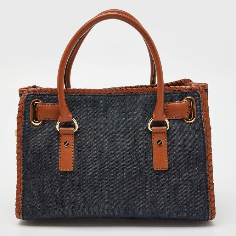 مملوكة مسبقًا MICHAEL Michael Kors Blue/Tan Whipped Stitched Denim and Leather Hamilton Tote