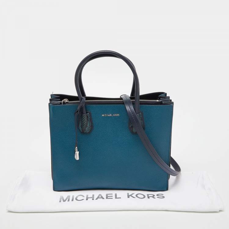 Pre Owned Michael Kors Blue Leather and Snakeskin Embossed Mercer Studio Tote
