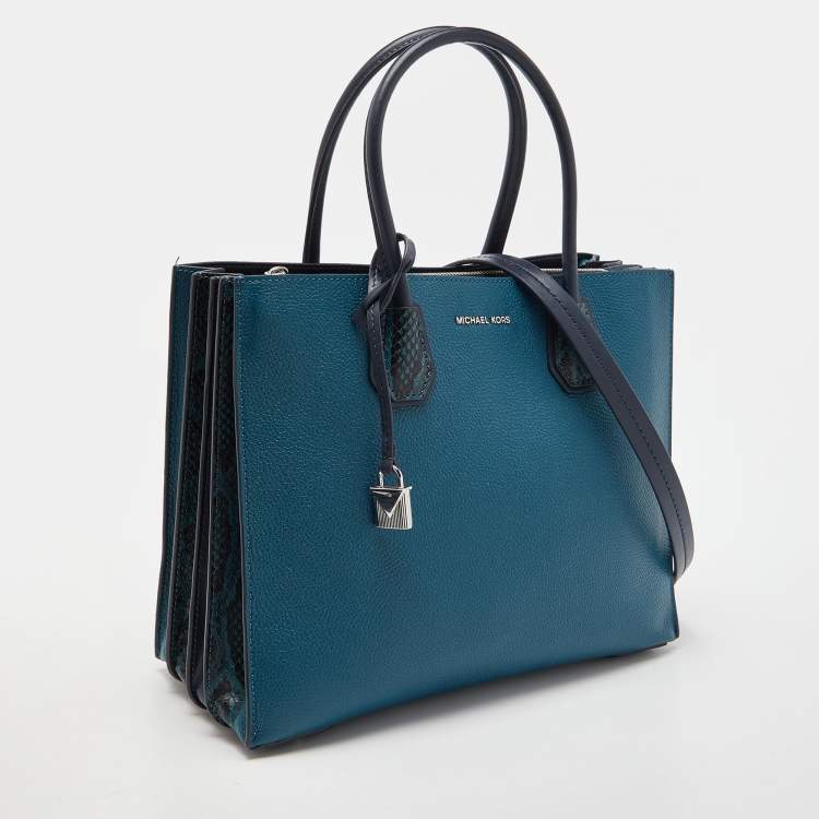 Pre Owned Michael Kors Blue Leather and Snakeskin Embossed Mercer Studio Tote