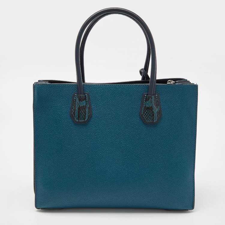 Pre Owned Michael Kors Blue Leather and Snakeskin Embossed Mercer Studio Tote