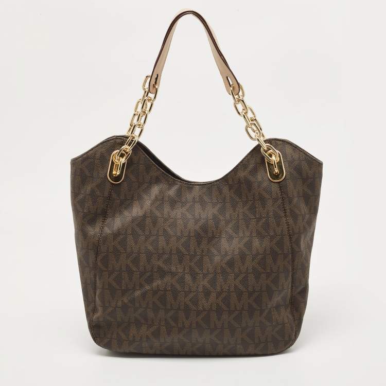 Pre Owned MICHAEL Michael Kors Brown Signature Coated Canvas and Leather Lilly Tote