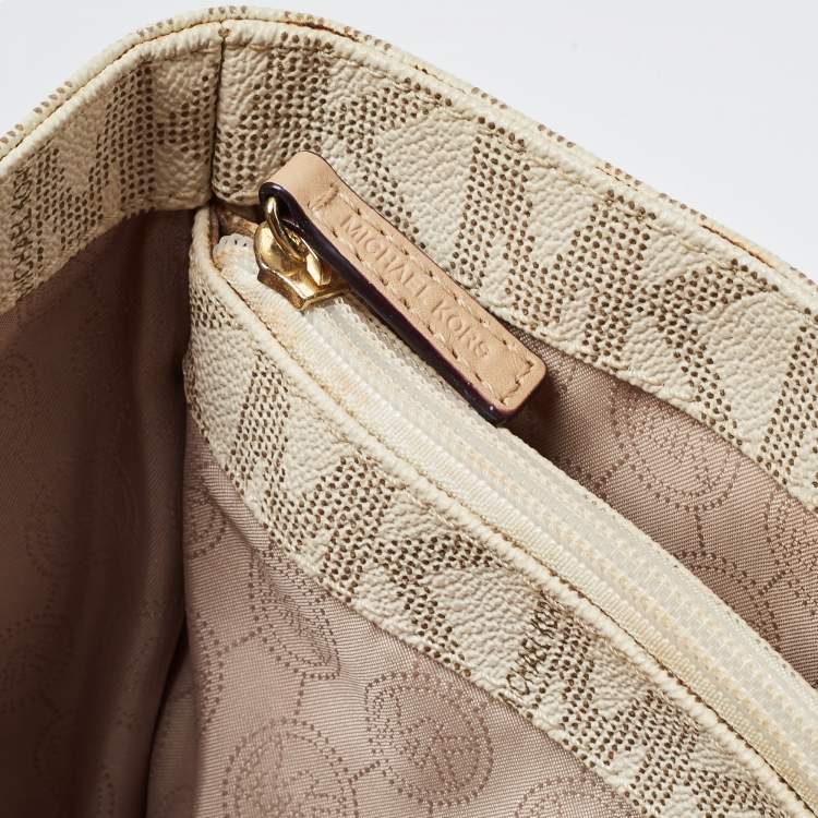 مملوكة مسبقًا MICHAEL Michael Kors Off White/Beige Signature Coated Canvas and Leather Jet Set East West Tote