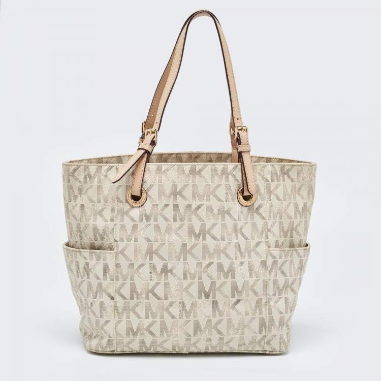 مملوكة مسبقًا MICHAEL Michael Kors Off White/Beige Signature Coated Canvas and Leather Jet Set East West Tote