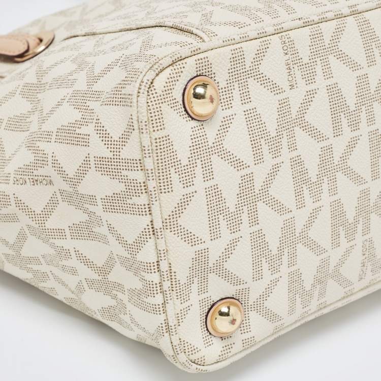 مملوكة مسبقًا MICHAEL Michael Kors Off White/Beige Signature Coated Canvas and Leather Jet Set East West Tote