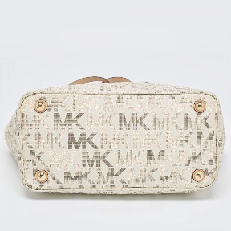 مملوكة مسبقًا MICHAEL Michael Kors Off White/Beige Signature Coated Canvas and Leather Jet Set East West Tote