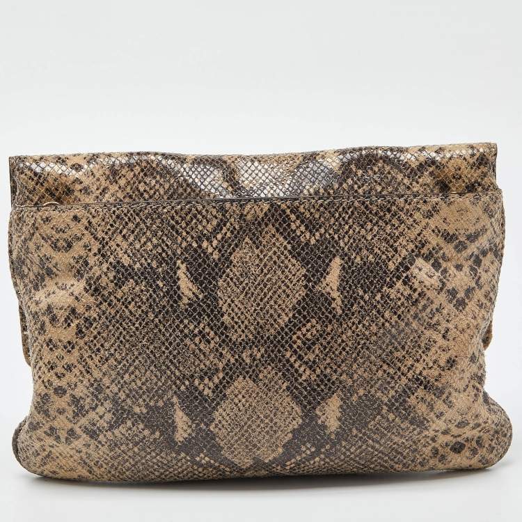 Pre Owned MICHAEL Michael Kors Beige Python Effect Leather Oversized Sloan Chain Clutch