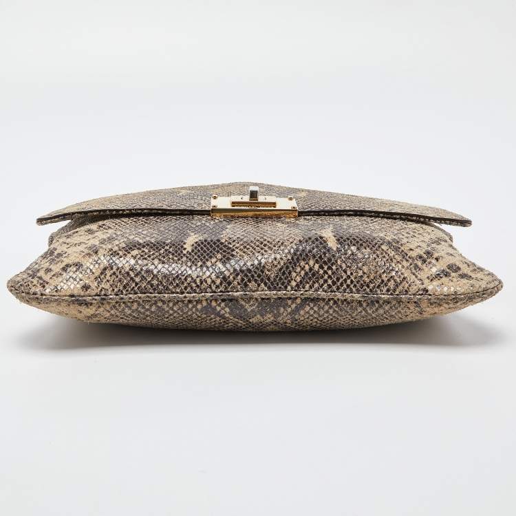 Pre Owned MICHAEL Michael Kors Beige Python Effect Leather Oversized Sloan Chain Clutch