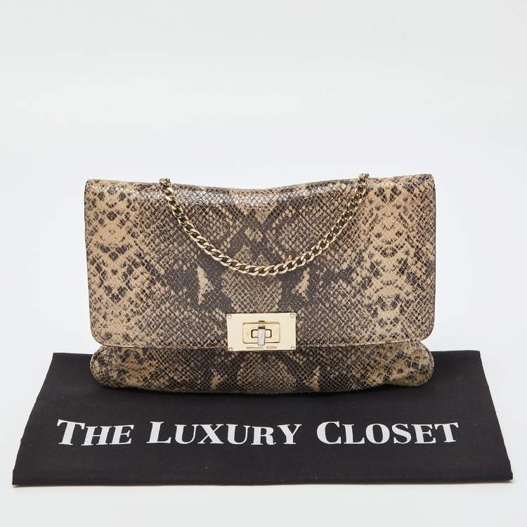 Pre Owned MICHAEL Michael Kors Beige Python Effect Leather Oversized Sloan Chain Clutch
