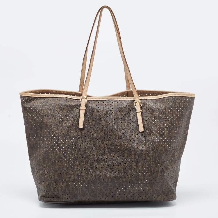 Pre Owned MICHAEL Michael Kors Dark Brown Signature Perforated Coated Canvas Large Jet Set Travel Tote