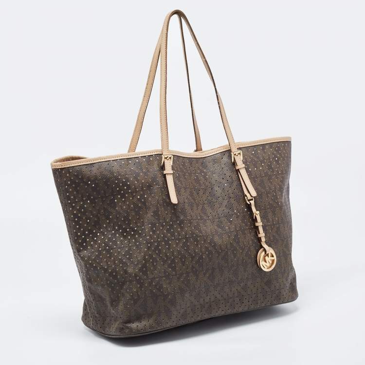 Pre Owned MICHAEL Michael Kors Dark Brown Signature Perforated Coated Canvas Large Jet Set Travel Tote