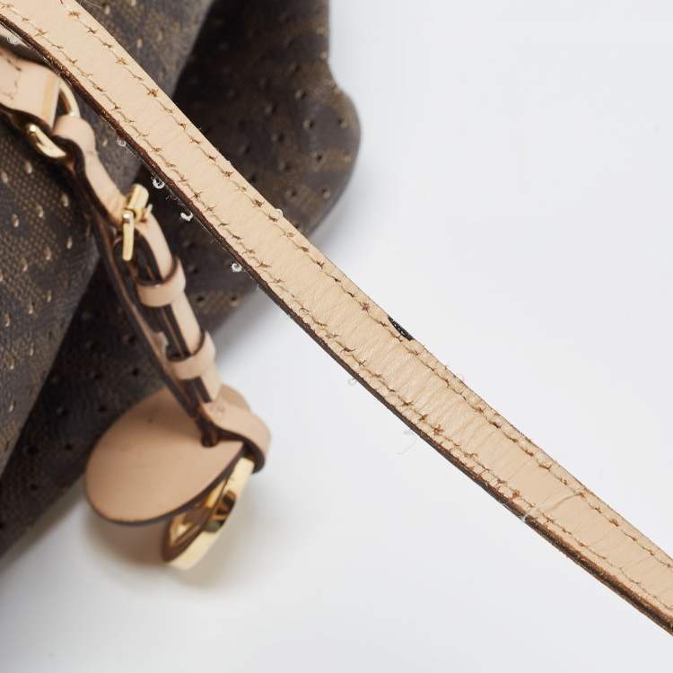 Pre Owned MICHAEL Michael Kors Dark Brown Signature Perforated Coated Canvas Large Jet Set Travel Tote