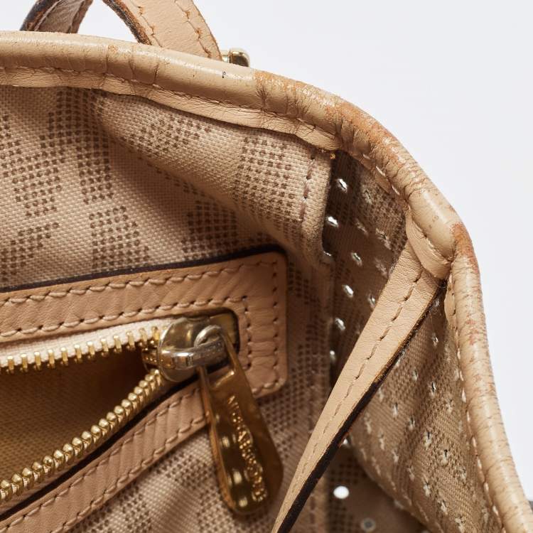 Pre Owned MICHAEL Michael Kors Dark Brown Signature Perforated Coated Canvas Large Jet Set Travel Tote