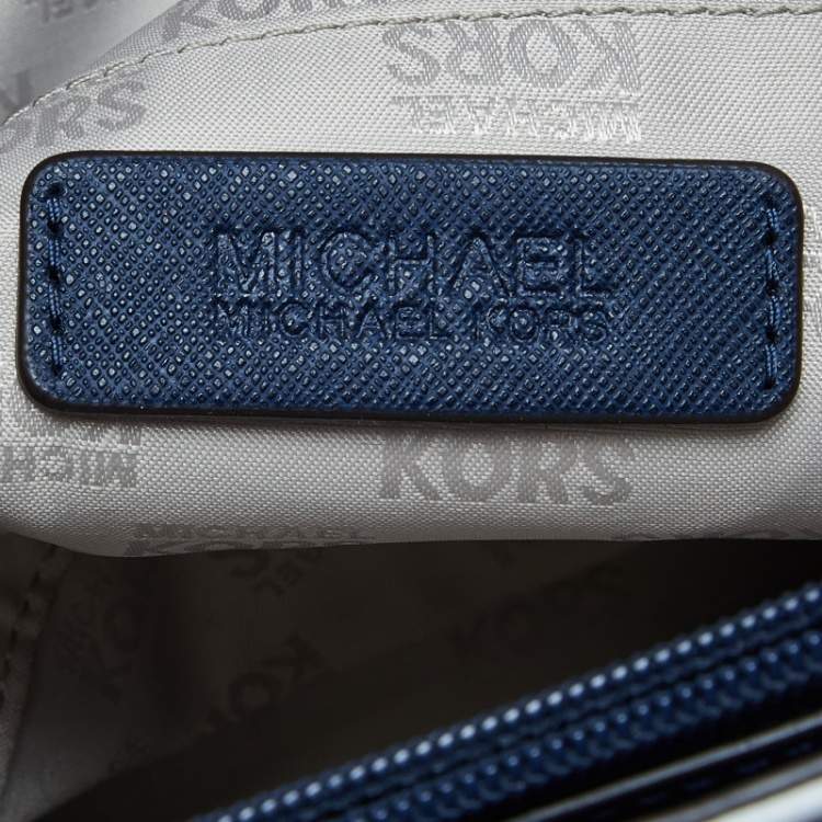 Pre Owned MICHAEL Michael Kors Blue/White Stripe Leather Jet Set Snap Pocket Tote