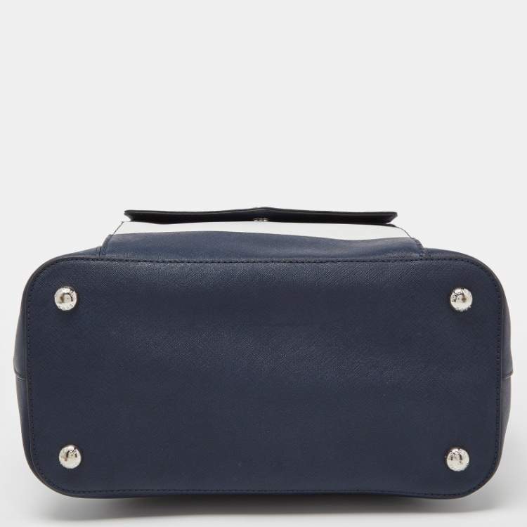 Pre Owned MICHAEL Michael Kors Blue/White Stripe Leather Jet Set Snap Pocket Tote