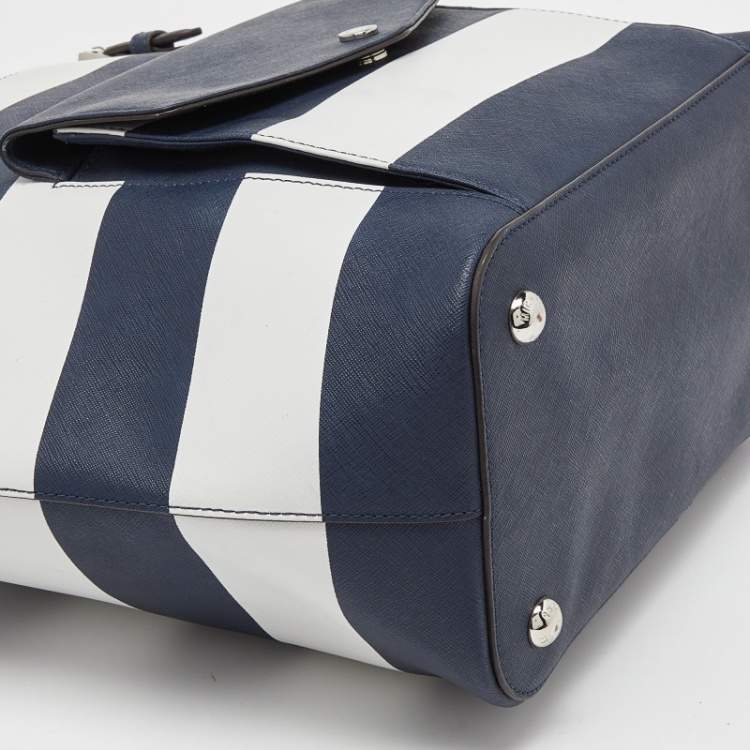 Pre Owned MICHAEL Michael Kors Blue/White Stripe Leather Jet Set Snap Pocket Tote