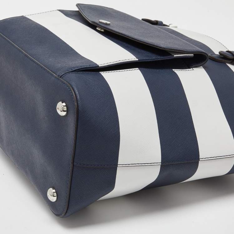 Pre Owned MICHAEL Michael Kors Blue/White Stripe Leather Jet Set Snap Pocket Tote