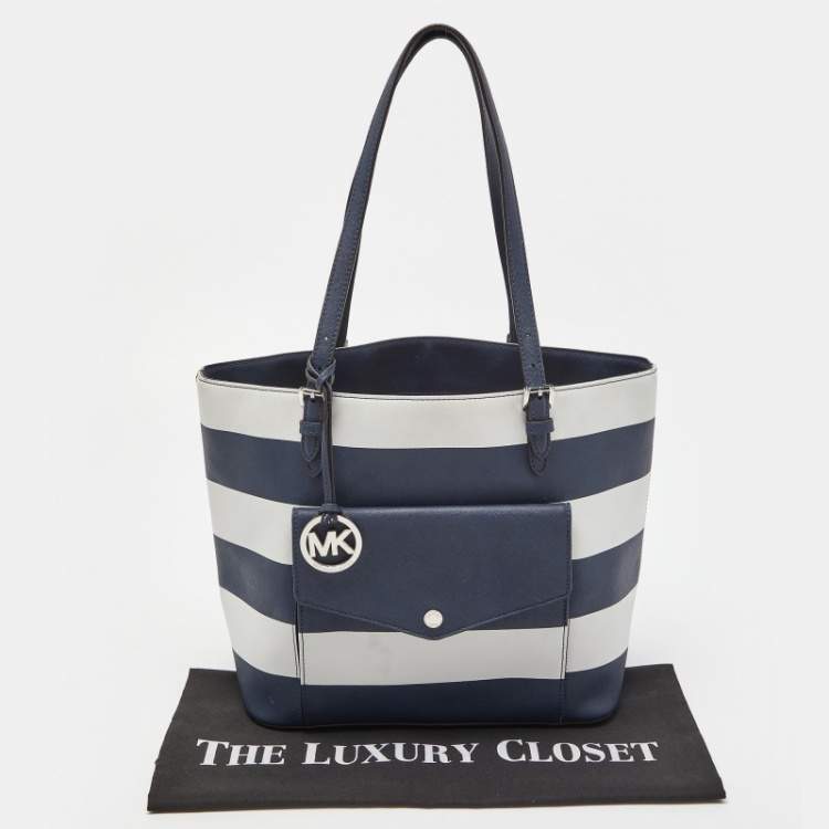 Pre Owned MICHAEL Michael Kors Blue/White Stripe Leather Jet Set Snap Pocket Tote