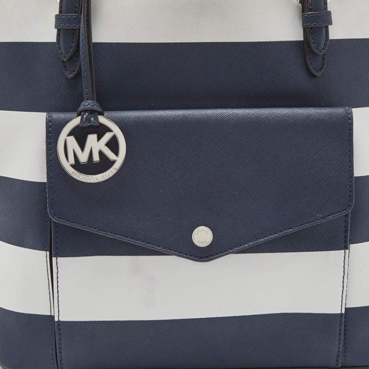 Pre Owned MICHAEL Michael Kors Blue/White Stripe Leather Jet Set Snap Pocket Tote